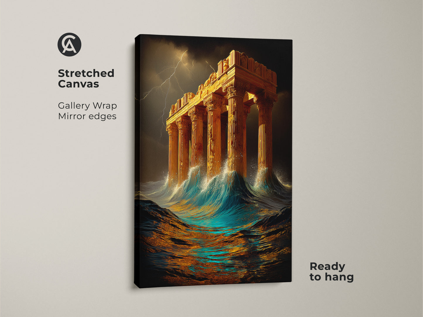 Stretched canvas print of a golden Greek temple in a stormy sea. Gallery-wrapped with mirrored edges and ready to hang. This mythology art print brings architectural art to your walls. Ideal eclectic wall art for study rooms and ancient history lovers.