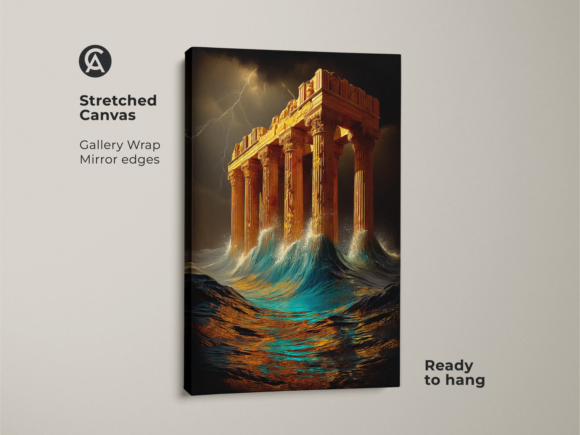 Stretched canvas print of a golden Greek temple in a stormy sea. Gallery-wrapped with mirrored edges and ready to hang. This mythology art print brings architectural art to your walls. Ideal eclectic wall art for study rooms and ancient history lovers.
