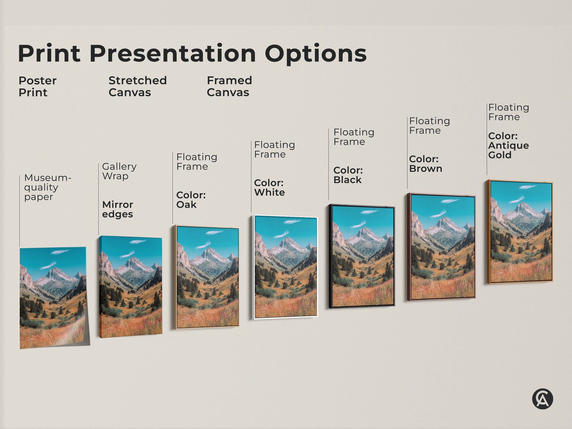 Various print presentation options for mountain valley art. Choose from poster prints stretched canvas and framed canvas. Customize your art with floating frames in oak white black brown and antique gold.