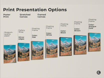 Various print presentation options for mountain valley art. Choose from poster prints stretched canvas and framed canvas. Customize your art with floating frames in oak white black brown and antique gold.