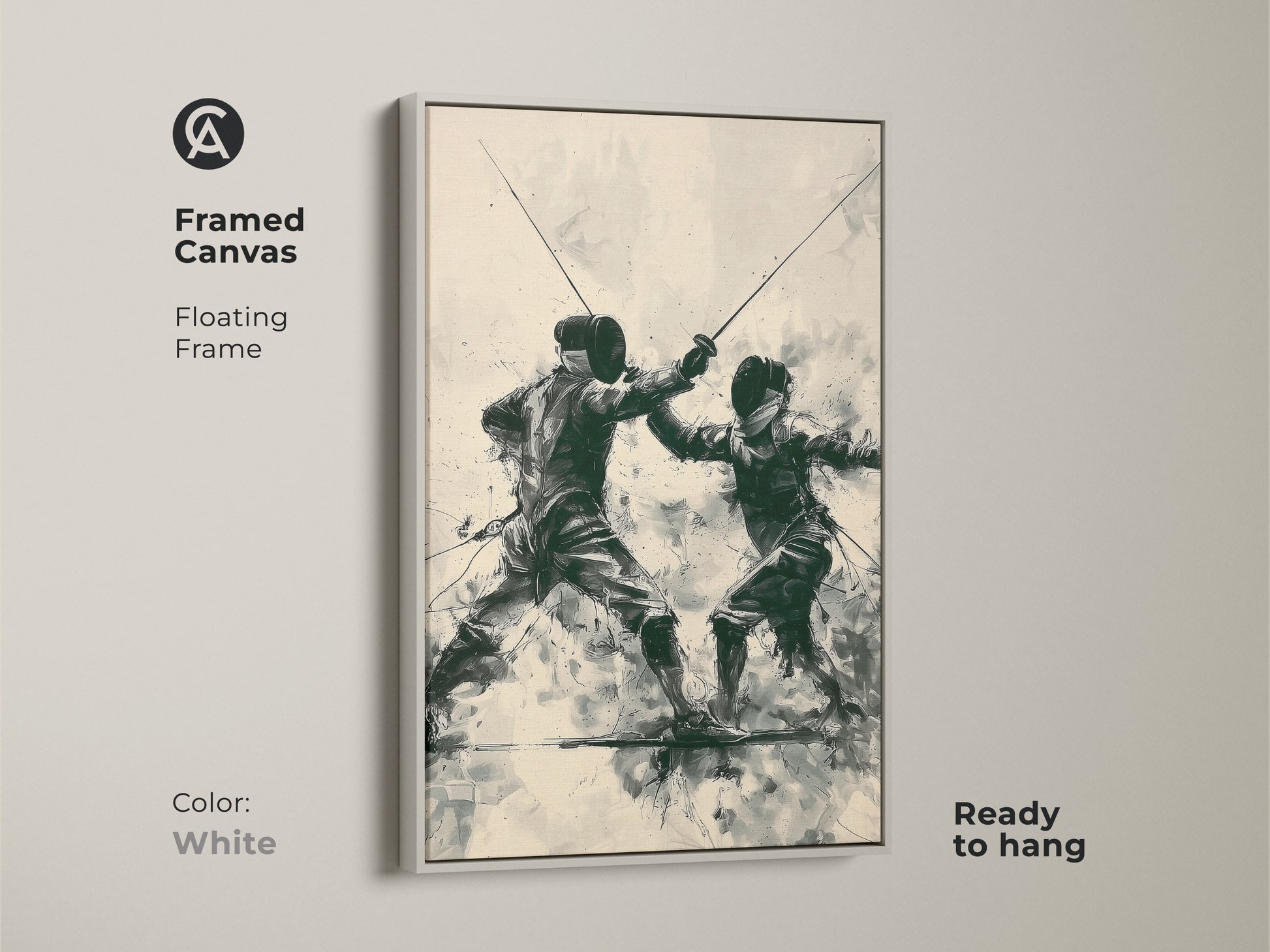 Framed Canvas featuring a fencing duel with a white floating frame. This modern sports art complements any decor. The dark green beige and black artwork is ready to hang perfect as a gift for sports enthusiasts and fencers.