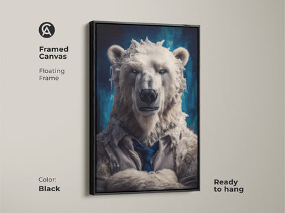 This framed canvas features a surreal polar bear. The dark blue wildlife portrait floats within a black frame. This is ready to hang eclectic home art that animal lovers will adore. Make a statement with cool animal artwork.