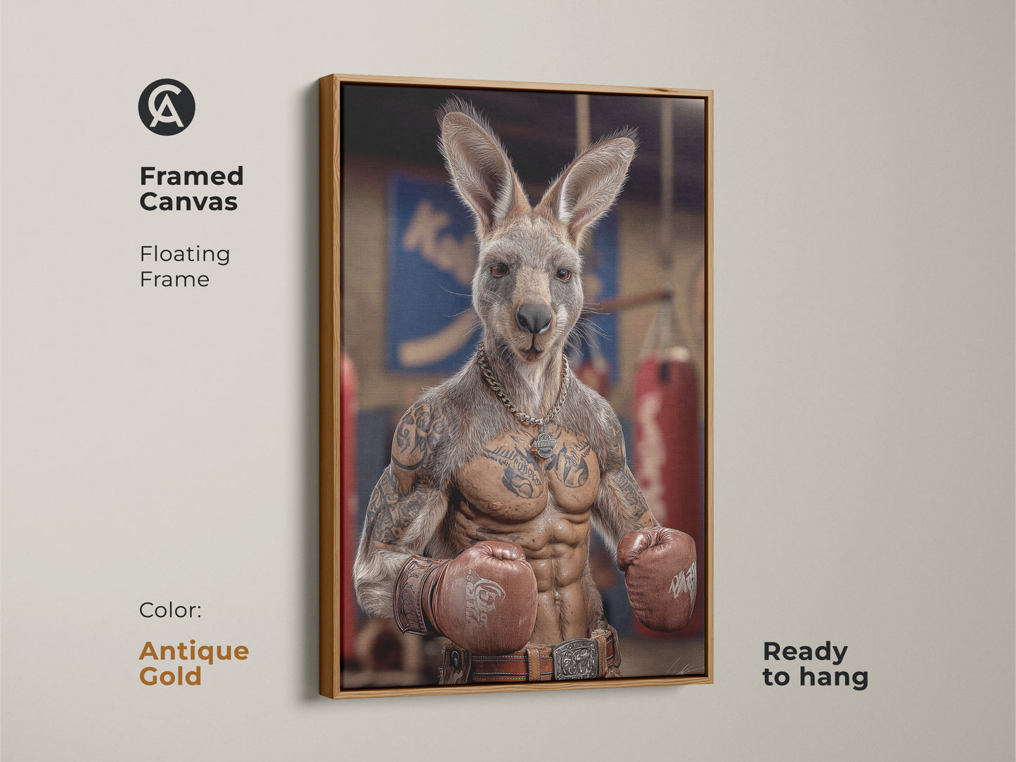 This framed canvas displays a tattoo kangaroo boxer ready to hang. An antique gold floating frame accents the humorous animal artwork. This industrial style print makes a great man cave gift. It is perfect for boxing fans. The photorealistic art features red gloves and a tan palette