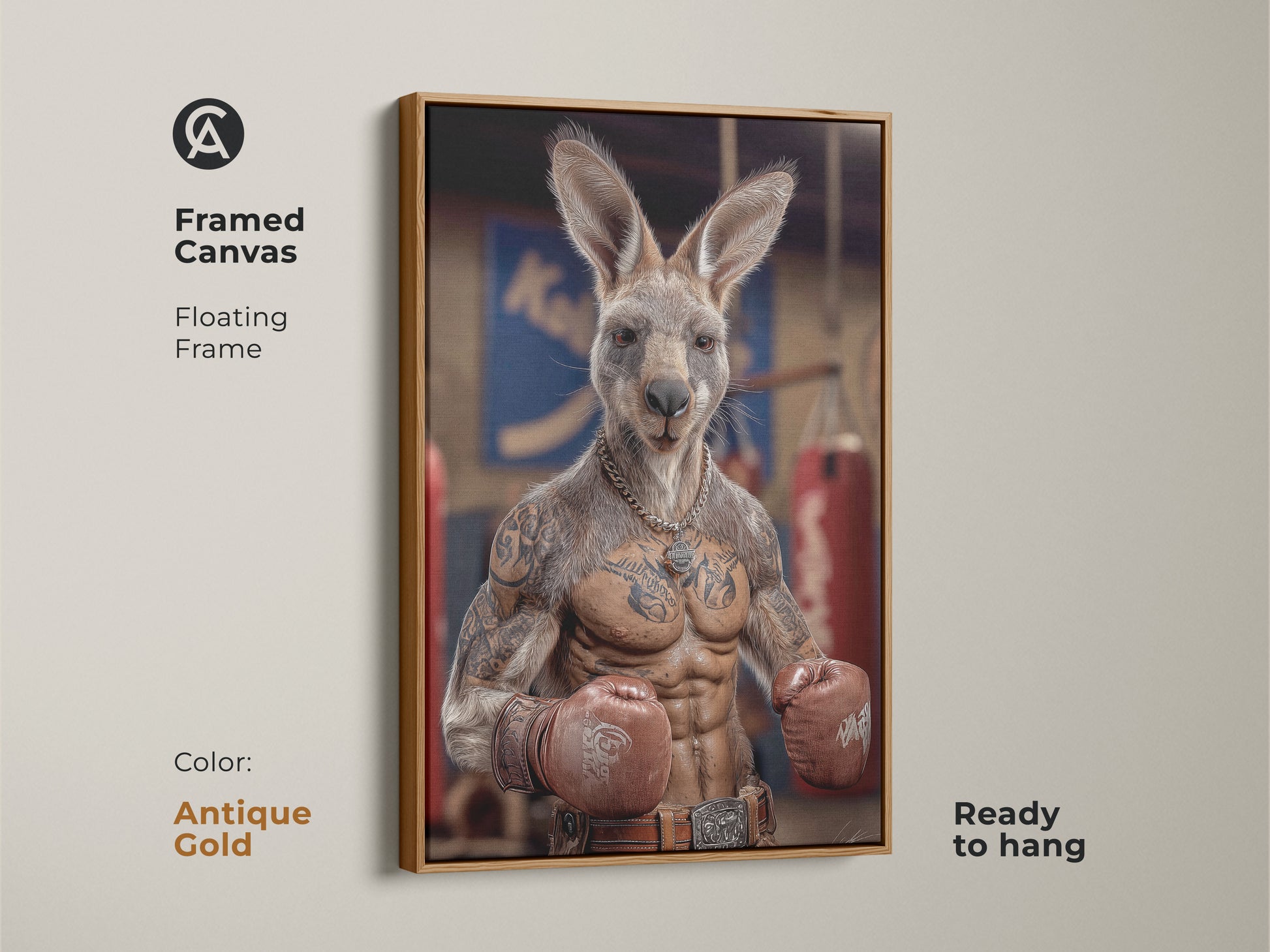This framed canvas displays a tattoo kangaroo boxer ready to hang. An antique gold floating frame accents the humorous animal artwork. This industrial style print makes a great man cave gift. It is perfect for boxing fans. The photorealistic art features red gloves and a tan palette