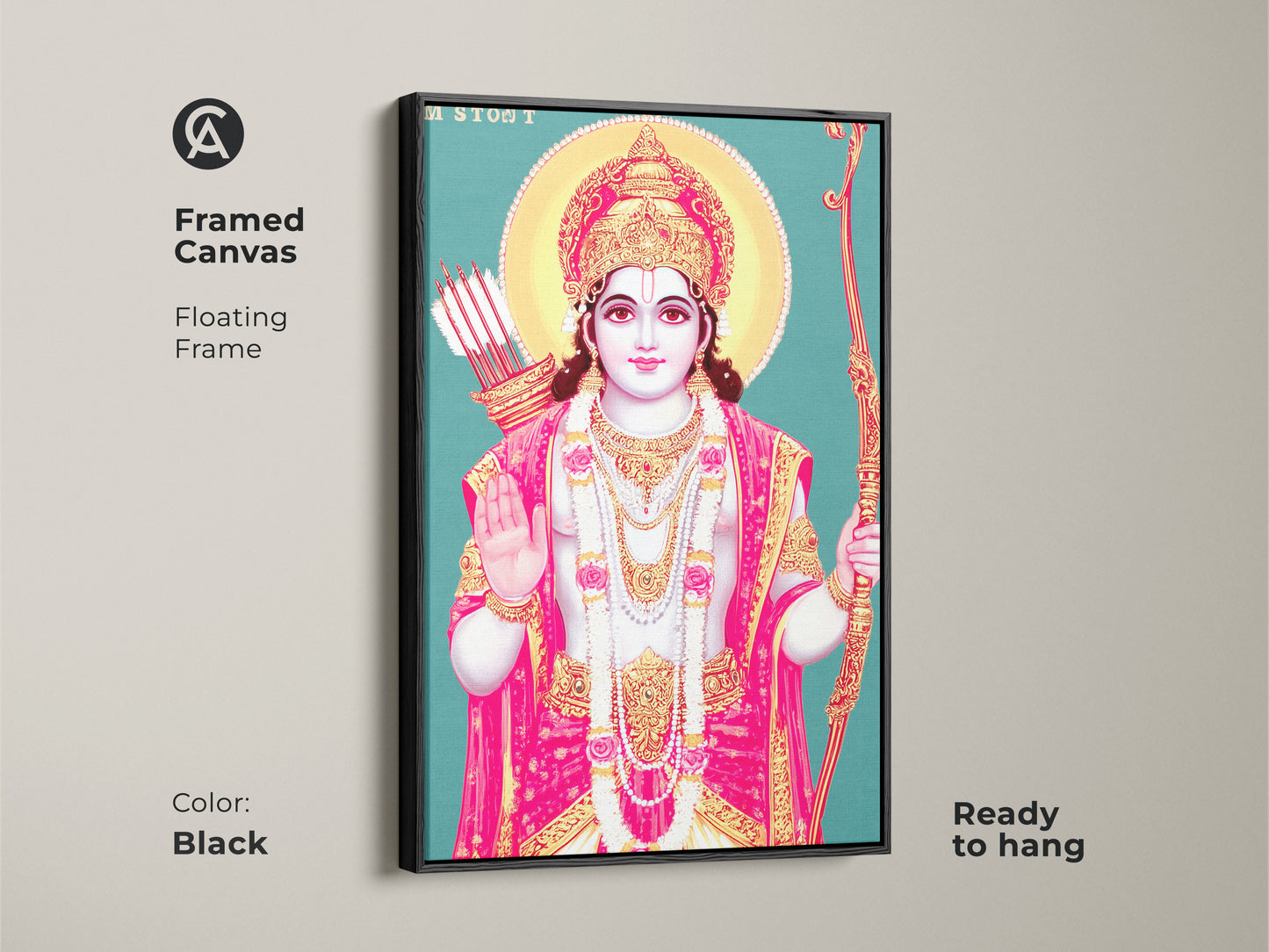 Framed canvas of Lord Rama wall art with a black floating frame. Ready to hang religious artwork. The teal gold and pink palette makes it an eye-catching deity print.