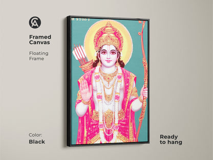 Framed canvas of Lord Rama wall art with a black floating frame. Ready to hang religious artwork. The teal gold and pink palette makes it an eye-catching deity print.