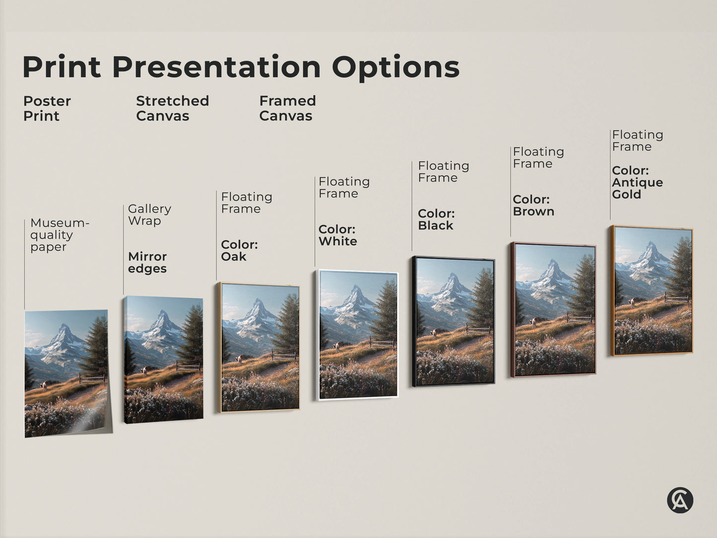 Explore print presentation options for Matterhorn mountain art. Choose from poster print stretched canvas or framed canvas. Select a floating frame in white black brown oak or antique gold. Each option showcases the Swiss Alps.
