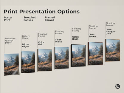 Explore print presentation options for Matterhorn mountain art. Choose from poster print stretched canvas or framed canvas. Select a floating frame in white black brown oak or antique gold. Each option showcases the Swiss Alps.
