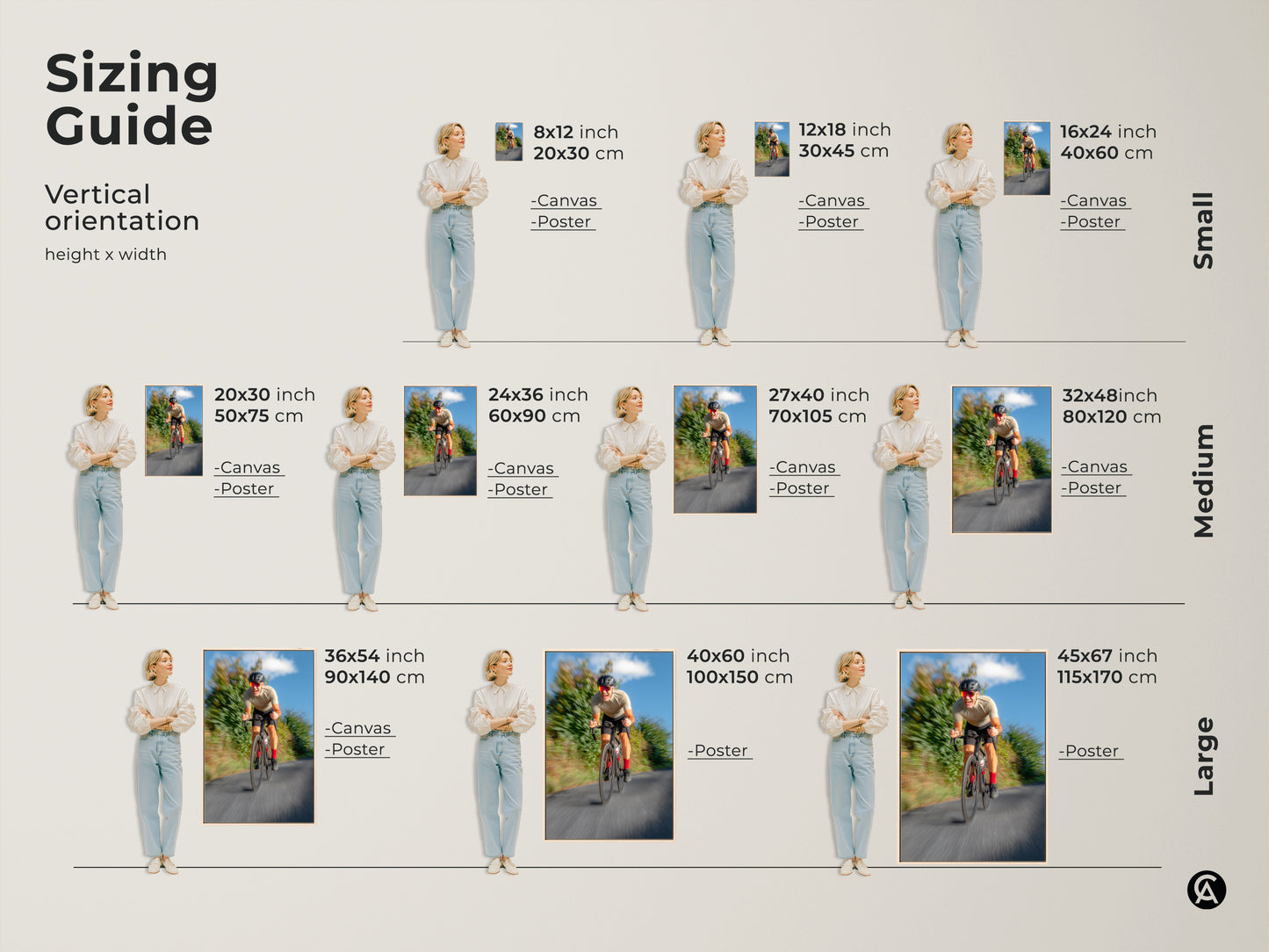 Sizing guide for vertical cyclist canvas and poster prints. Multiple sizes are available. Find the perfect fit for your space. This action photography wall art is a dynamic addition to any room. Consider this unique sports gift.