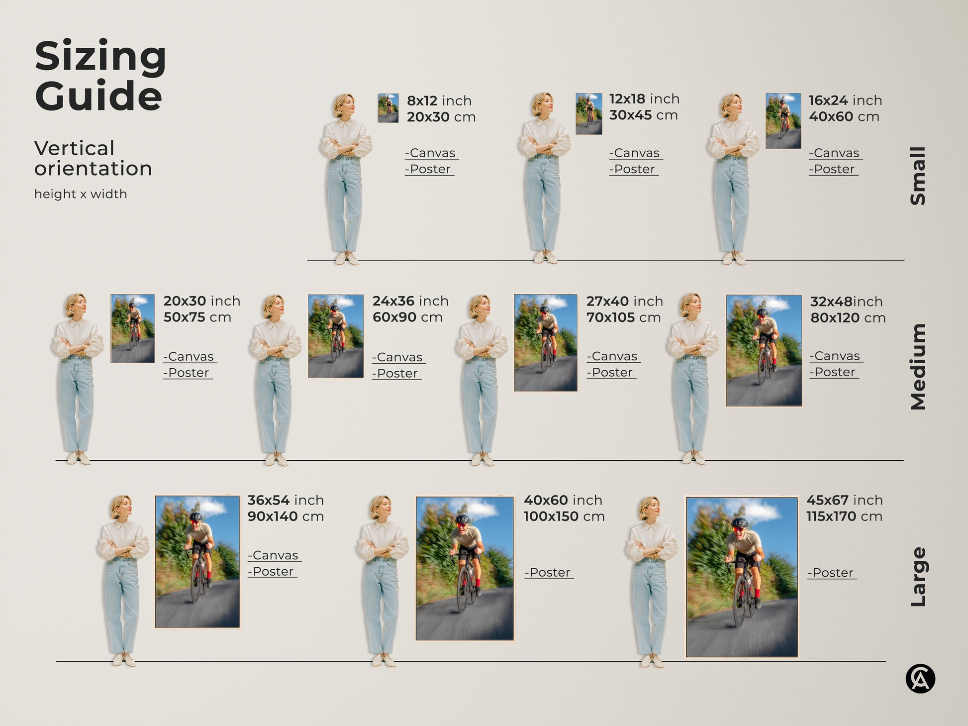 Sizing guide for vertical cyclist canvas and poster prints. Multiple sizes are available. Find the perfect fit for your space. This action photography wall art is a dynamic addition to any room. Consider this unique sports gift.