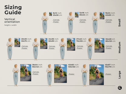 Sizing guide for vertical cyclist canvas and poster prints. Multiple sizes are available. Find the perfect fit for your space. This action photography wall art is a dynamic addition to any room. Consider this unique sports gift.