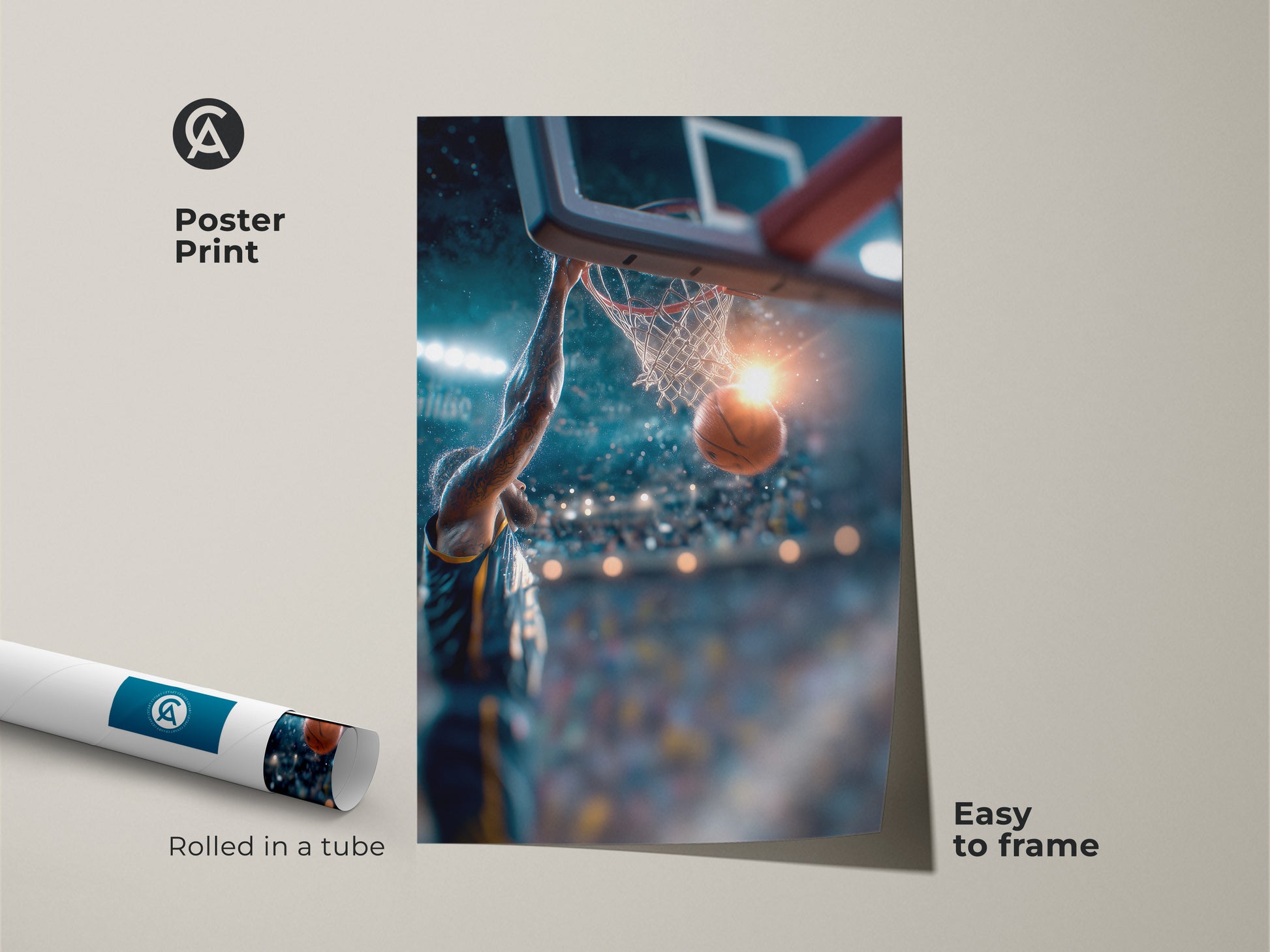 Rolled basketball poster print. The artwork features a basketball dunk. It ships rolled in a tube. Easy to frame for any wall. Show your love for basketball with this poster.