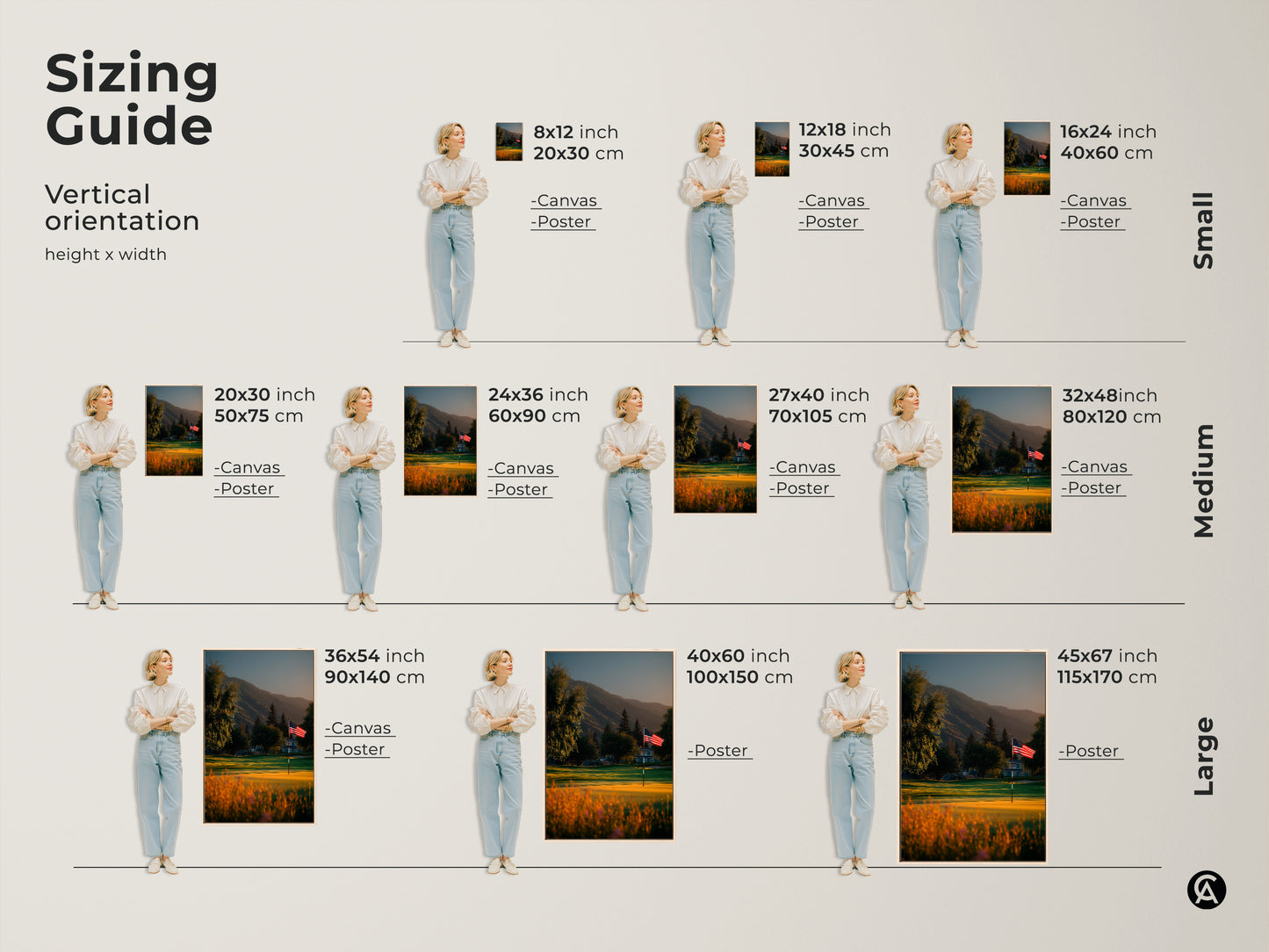 Sizing guide for vertical golf course artwork featuring an American flag. Available in small medium and large sizes. Select the ideal dimensions for your canvas or poster print to enhance any room.