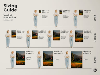 Sizing guide for vertical golf course artwork featuring an American flag. Available in small medium and large sizes. Select the ideal dimensions for your canvas or poster print to enhance any room.