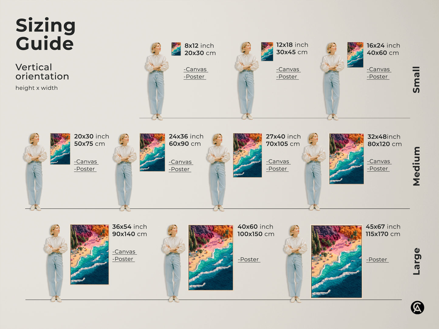 Sizing guide for vertical beach artwork. The artwork is available as a canvas or poster. See small medium and large sizes. Sizes range from 8x12 inches to 45x67 inches. Find the perfect fit for your space.