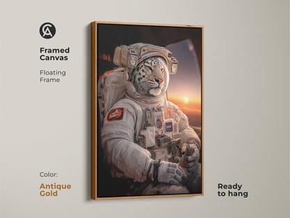 A framed canvas in antique gold features a white leopard astronaut. This unique sci-fi art is ready to hang. The floating frame enhances the contemporary space artwork. It is a surreal animal print perfect for modern home decor. Gift it to space fan.