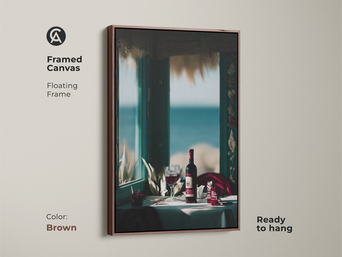 Framed canvas art in brown showcasing a coastal wine theme. The floating frame is ready to hang. It's ideal for dining room or restaurant decor. This contemporary print features a wine bottle and glass. The seaside setting adds a touch of relaxed elegance.