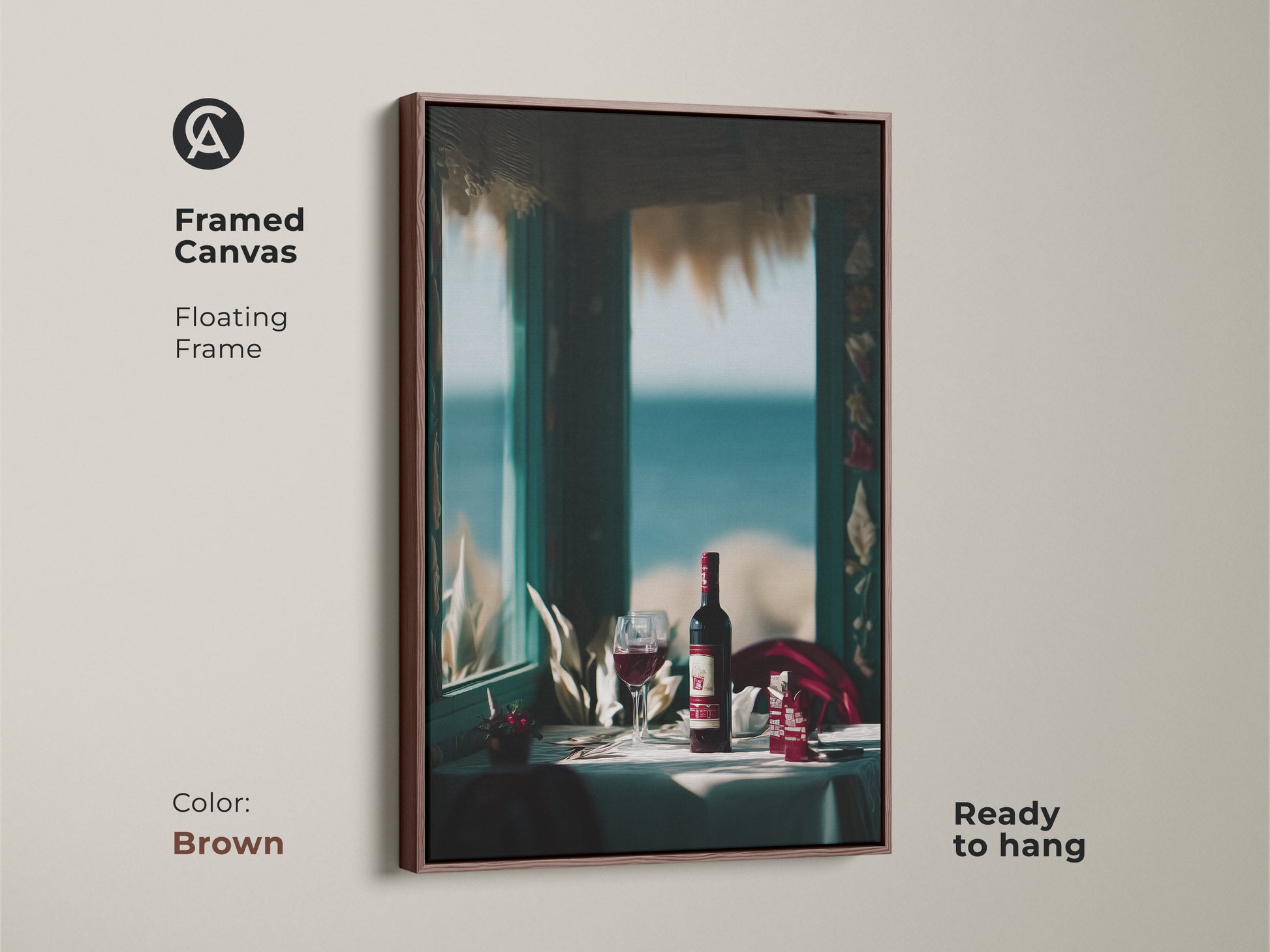 Framed canvas art in brown showcasing a coastal wine theme. The floating frame is ready to hang. It's ideal for dining room or restaurant decor. This contemporary print features a wine bottle and glass. The seaside setting adds a touch of relaxed elegance.
