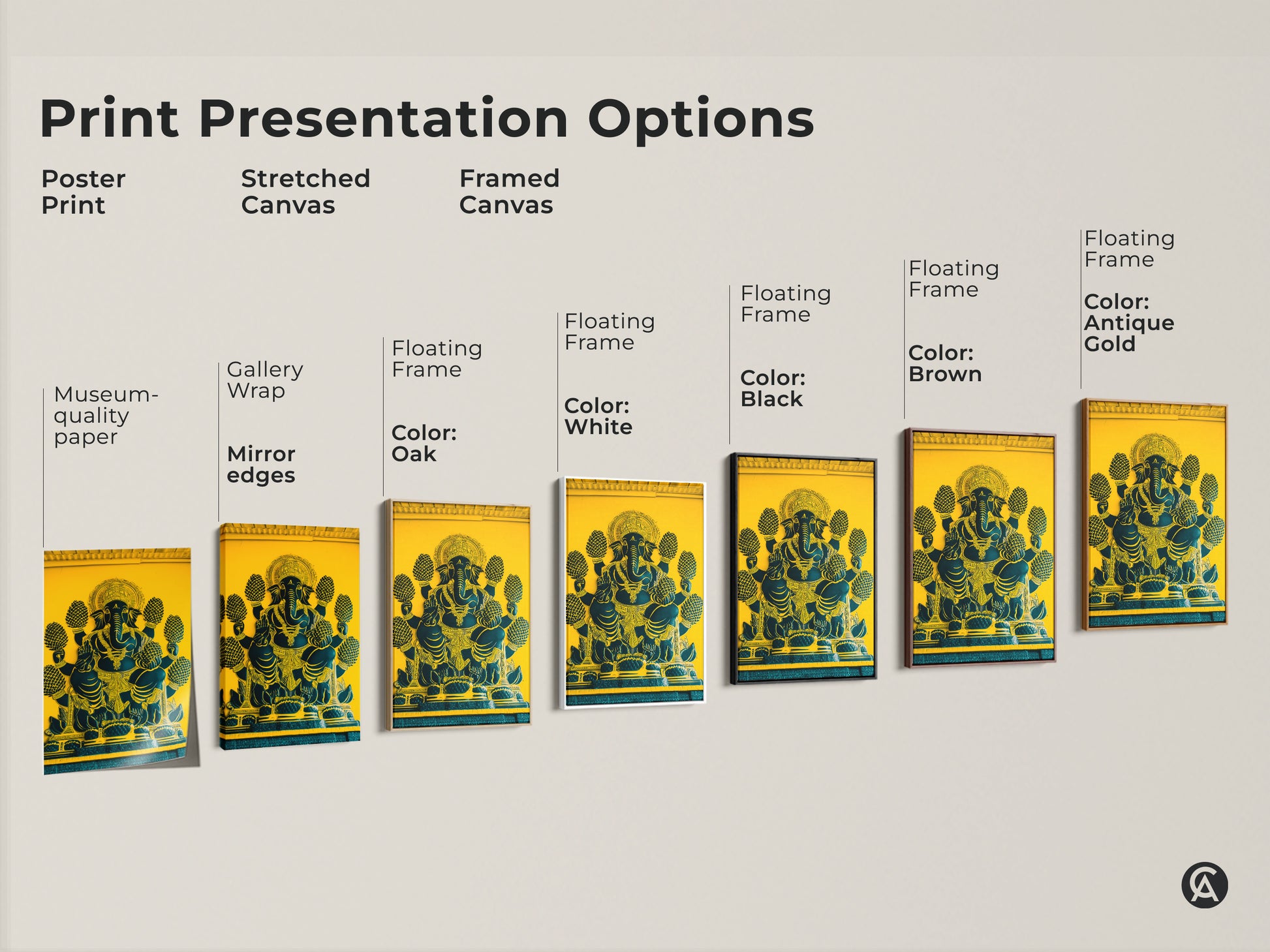 Print presentation options include poster stretched canvas and framed canvas. Options include colors like black brown white and oak. Featuring yellow and teal Ganesha art. This spiritual home decor adds cultural richness. Ready to hang.