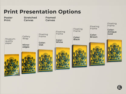 Print presentation options include poster stretched canvas and framed canvas. Options include colors like black brown white and oak. Featuring yellow and teal Ganesha art. This spiritual home decor adds cultural richness. Ready to hang.