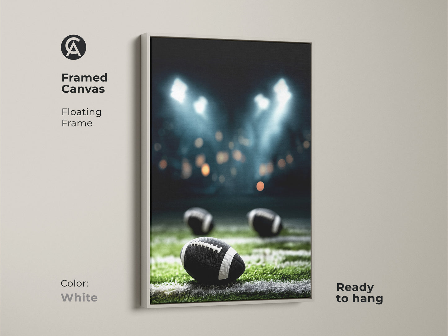 White Framed Canvas showcasing an American Football night game under stadium lights. The floating frame enhances this sports artwork. Ready to hang and perfect for athletic decor. A great gift for football fans and sports enthusiasts. The dark green and blue canvas adds a modern touch. Bring the energy of the game to your space with this print.