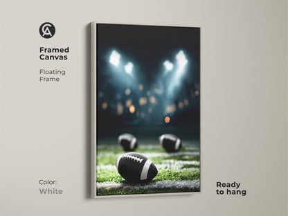 White Framed Canvas showcasing an American Football night game under stadium lights. The floating frame enhances this sports artwork. Ready to hang and perfect for athletic decor. A great gift for football fans and sports enthusiasts. The dark green and blue canvas adds a modern touch. Bring the energy of the game to your space with this print.