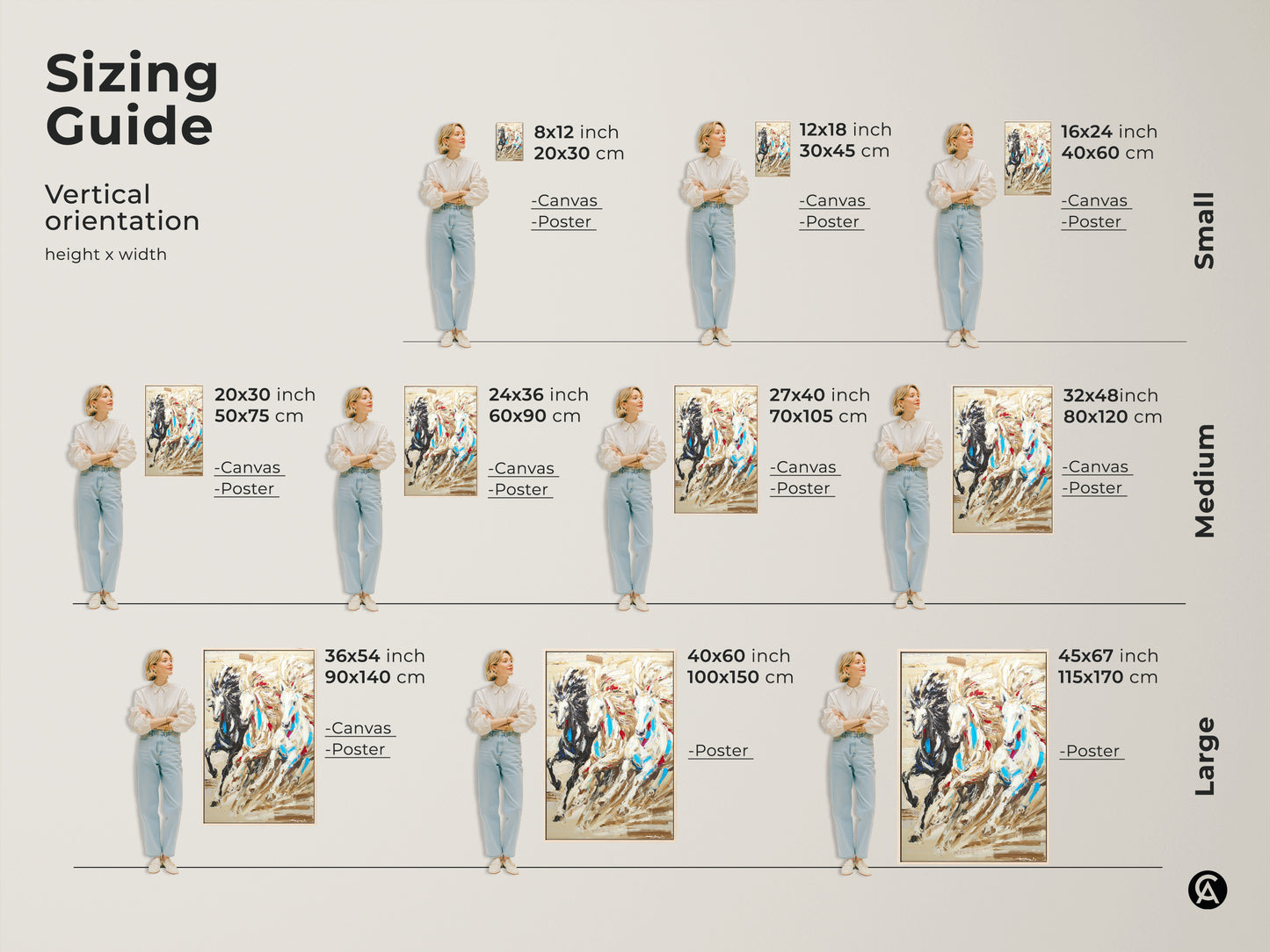 Sizing guide showcasing the three horses canvas and poster prints in various vertical sizes. Find the perfect fit for your space with options from small to large.