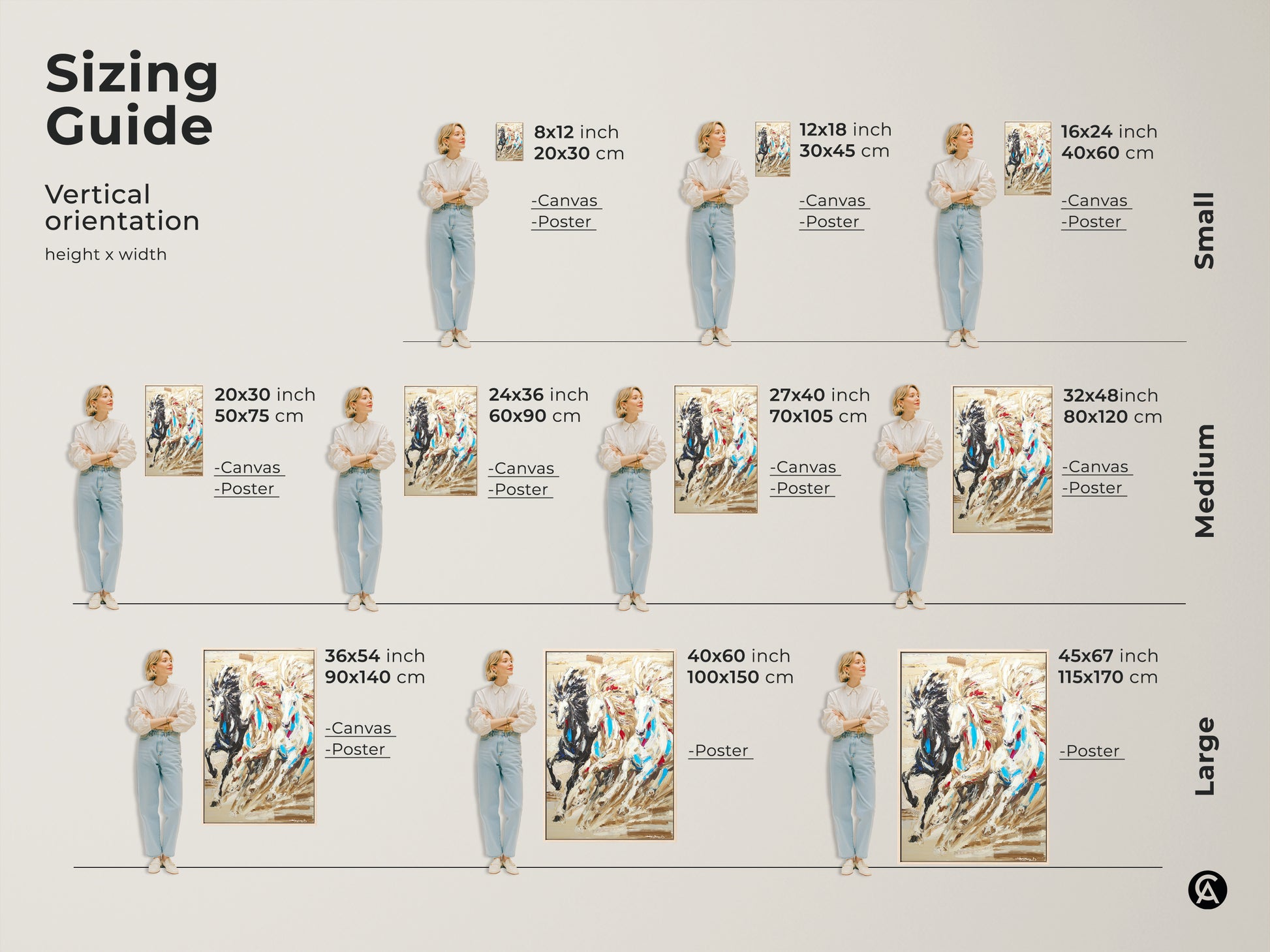 Sizing guide showcasing the three horses canvas and poster prints in various vertical sizes. Find the perfect fit for your space with options from small to large.