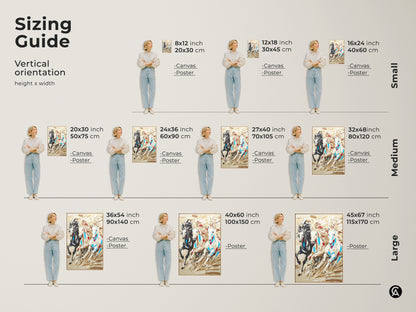 Sizing guide showcasing the three horses canvas and poster prints in various vertical sizes. Find the perfect fit for your space with options from small to large.
