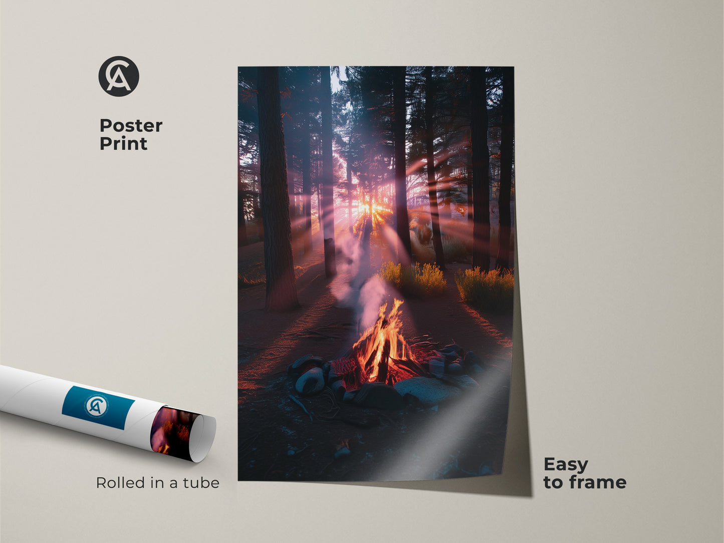 Poster print of a rustic sunset landscape. This campfire in forest artwork is easy to frame. Golden hour light creates a peaceful nature scene. Rolled in a tube for protection. Ideal home decor nature print for nature lovers.