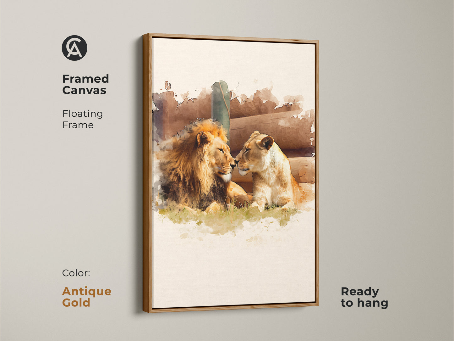 Antique gold framed canvas art print of a lion and lioness couple. This fine art wildlife canvas features textured lioness artwork. The gold and brown tones complement this natural history art print beautifully. Ideal animal lover home decor.