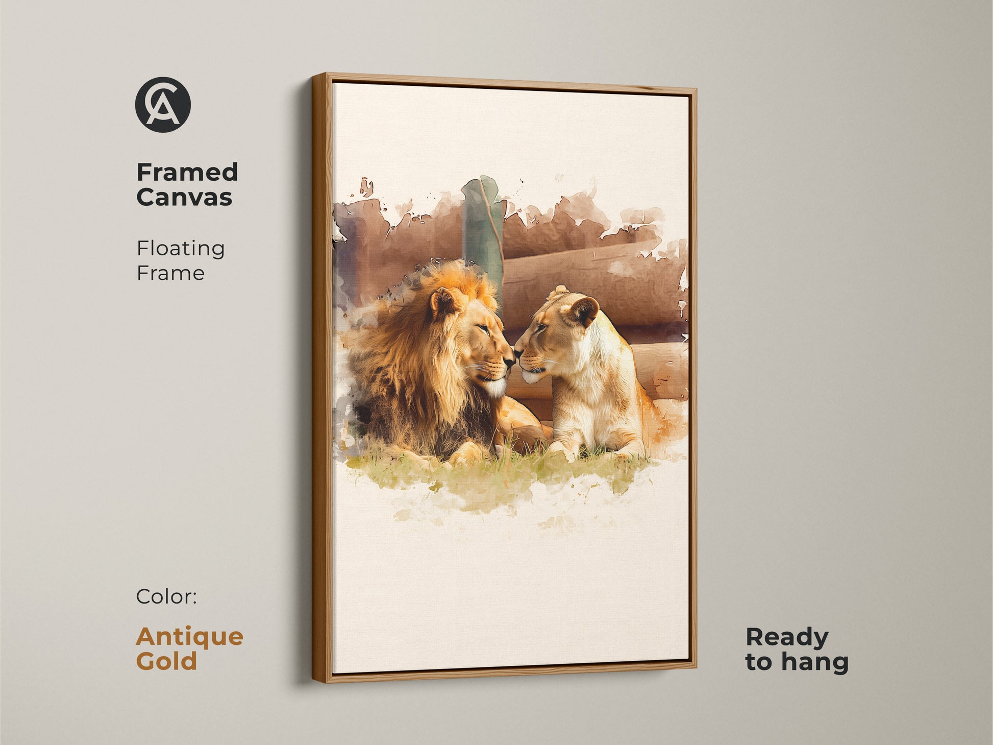 Antique gold framed canvas art print of a lion and lioness couple. This fine art wildlife canvas features textured lioness artwork. The gold and brown tones complement this natural history art print beautifully. Ideal animal lover home decor.