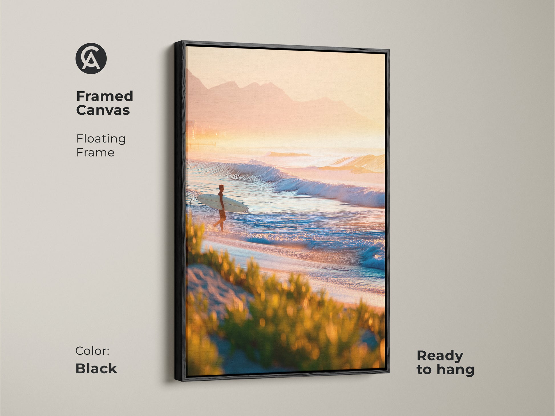 Black framed canvas art. The artwork shows a surfer at sunrise on the beach. Floating frame adds a modern touch. Ready to hang and enjoy. Enhance your home with this framed beach artwork.