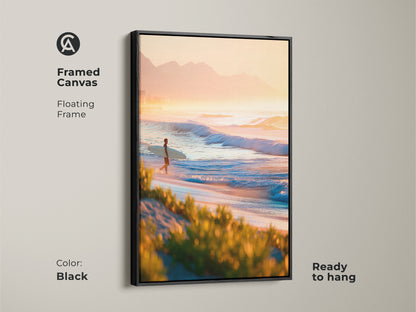 Black framed canvas art. The artwork shows a surfer at sunrise on the beach. Floating frame adds a modern touch. Ready to hang and enjoy. Enhance your home with this framed beach artwork.