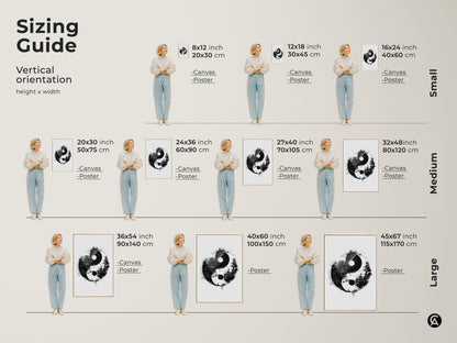 Sizing guide showcasing Zen Yin Yang landscape art prints. Visualize small medium and large canvas and poster art. It helps to find the perfect fit for your meditation space.