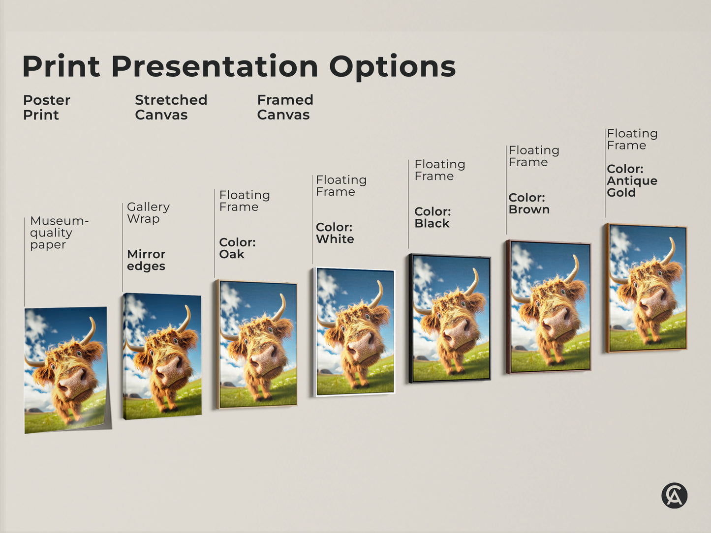 Print presentation options showcasing poster prints stretched canvas and framed canvas. Museum-quality edges and floating frame options. Choose black white oak brown or antique gold.