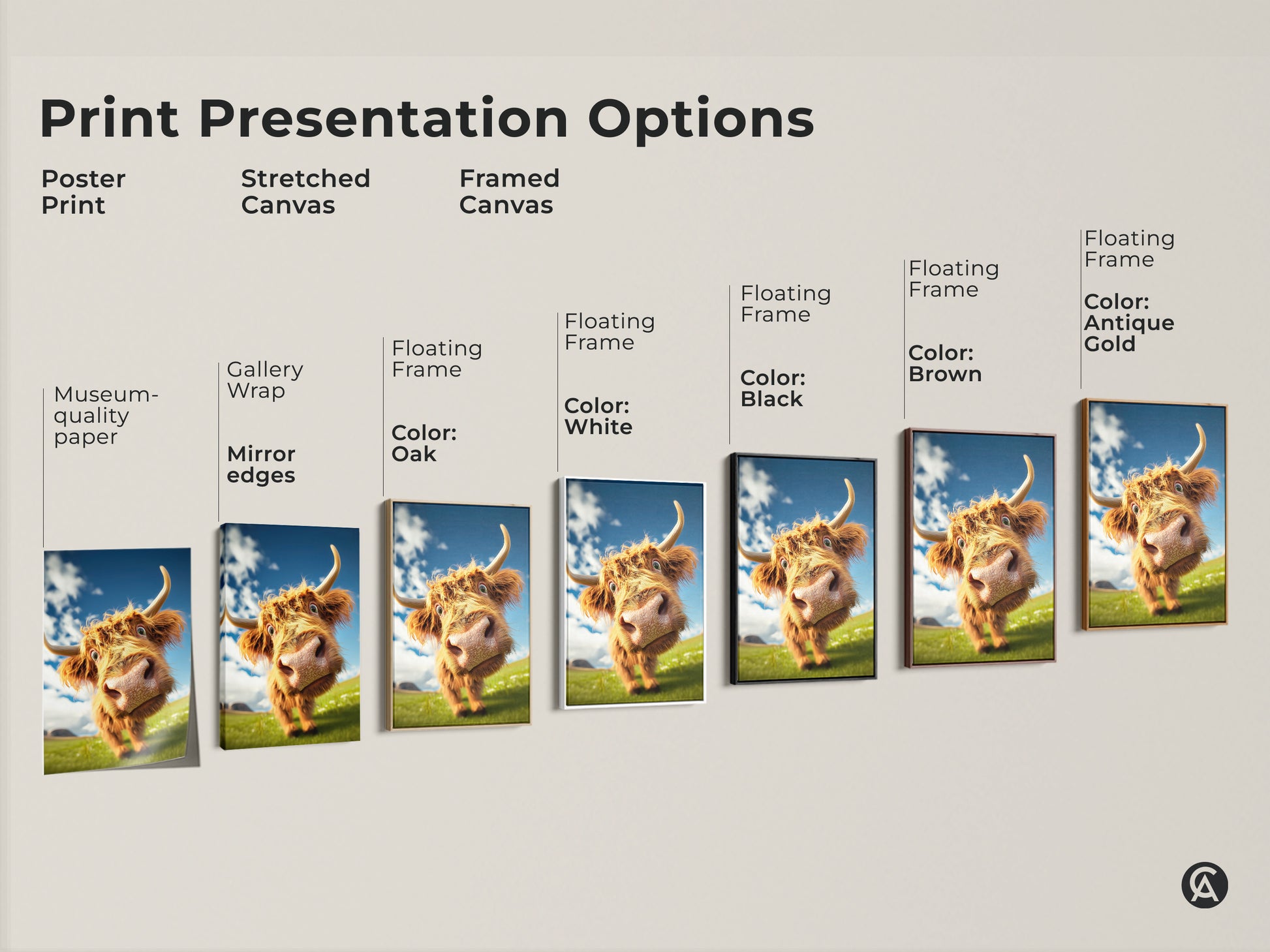 Print presentation options showcasing poster prints stretched canvas and framed canvas. Museum-quality edges and floating frame options. Choose black white oak brown or antique gold.