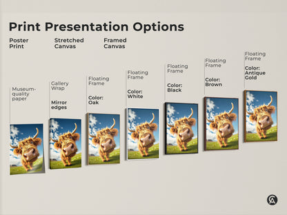 Print presentation options showcasing poster prints stretched canvas and framed canvas. Museum-quality edges and floating frame options. Choose black white oak brown or antique gold.