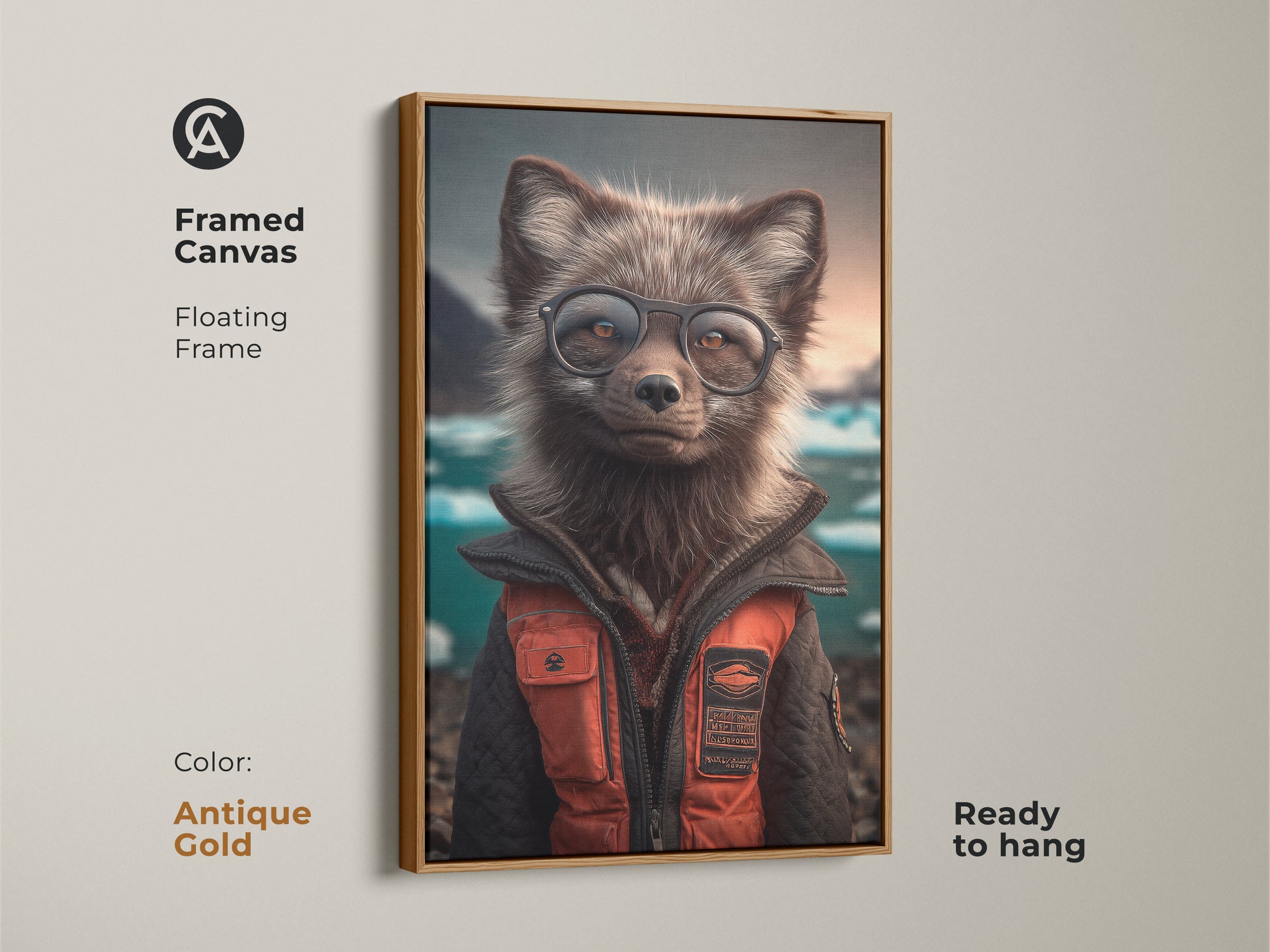 Framed Canvas of a Arctic Fox wearing glasses with a floating frame in antique gold. Anthropomorphic fox art wall decor for an Eclectic study room artwork. Animal lover birthday gift idea with orange and teal fox painting. Ready to hang canvas art.