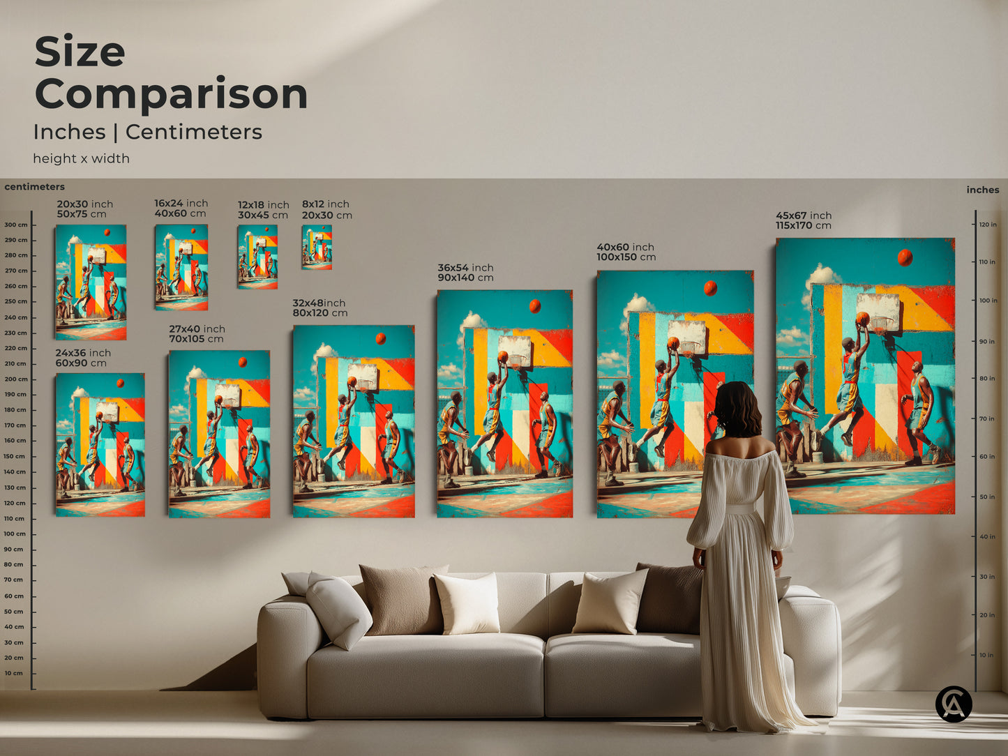 Visualize how this graffiti basketball art transforms your space. See the artwork in various sizes within a living room setting. Sizes range from small to large format. Perfect for creating a contemporary and sporty vibe in your home or man cave.