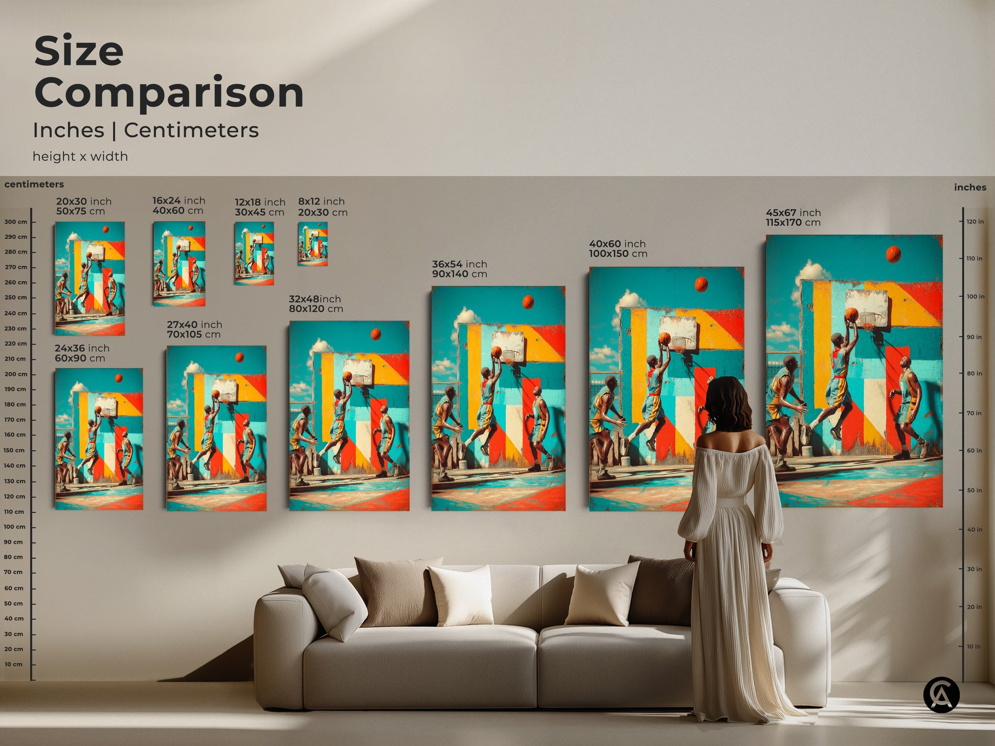 Visualize how this graffiti basketball art transforms your space. See the artwork in various sizes within a living room setting. Sizes range from small to large format. Perfect for creating a contemporary and sporty vibe in your home or man cave.