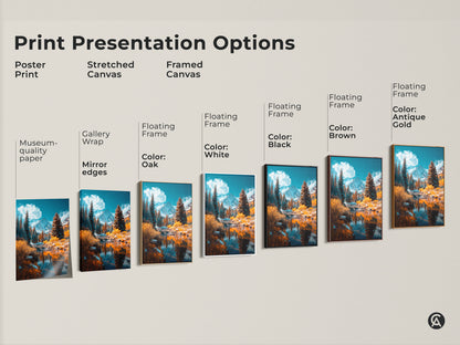 Explore print presentation options with this mountain river artwork. Choose from poster prints stretched canvas or framed canvas. Each offers a unique aesthetic appeal to your space.