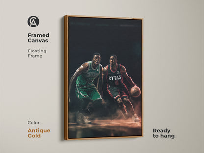 Framed canvas art showing two basketball players in dynamic poses. The antique gold frame provides a classic look. This artwork is ready to hang. Ideal for enhancing any sports-themed interior.