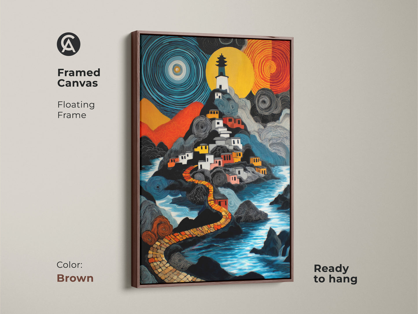 A brown framed canvas displays a naive art lighthouse village artwork. The artwork is a fantasy landscape using blue yellow and orange colors. It's a great eclectic travel decor piece ready to hang adding a touch of color to eclectic homes.