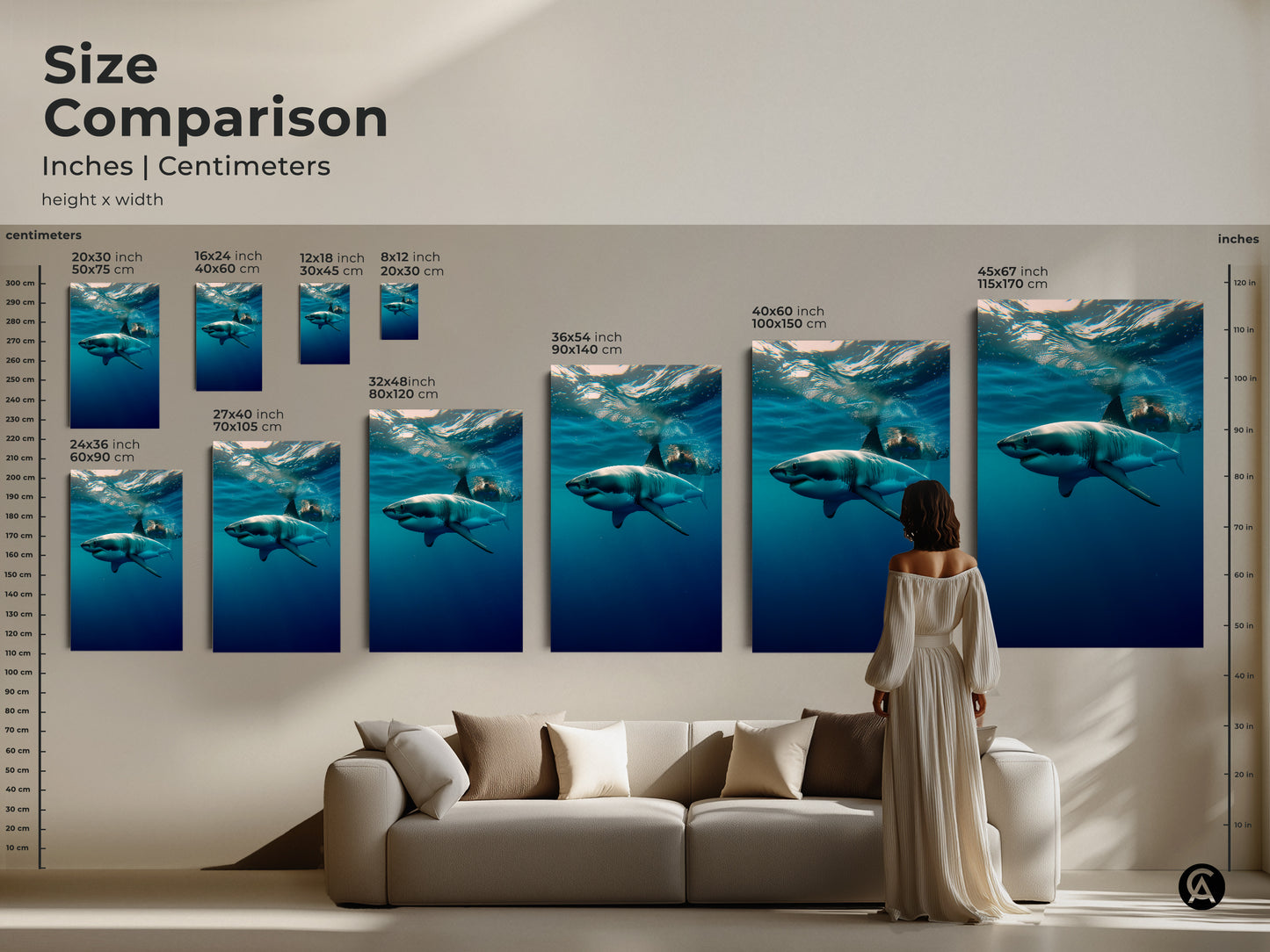 Size comparison of Underwater Great White Shark art prints. See how different sizes fit above a couch. Available in inches and centimeters. Choose from sizes like 20x30 inches to 45x67 inches. Find the perfect scale for your contemporary shark decor.