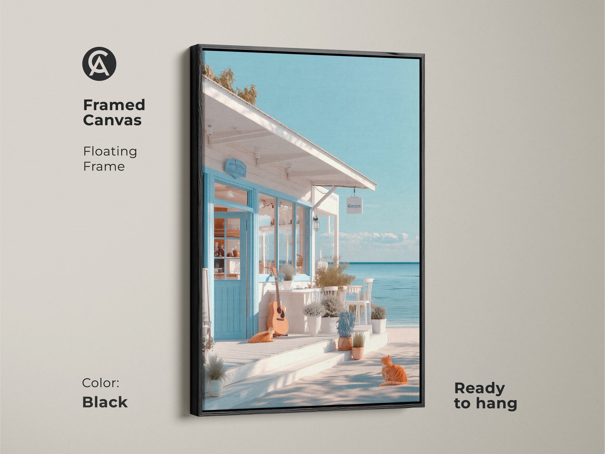 Black framed canvas art print of a cozy beachside cafe. This floating frame enhances the artwork's coastal charm. A ginger cat and guitar add a touch of whimsy. Ready to hang this framed canvas brings the beach home.