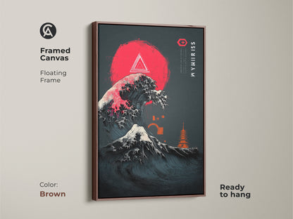 Framed canvas featuring ukiyo-e inspired wave art. Japanese ocean waves canvas art with a crimson sun. Pagoda art print with minimalist entryway decor. This dark blue abstract art is ready to hang. It has a brown frame and is a japanese landscape painting print.