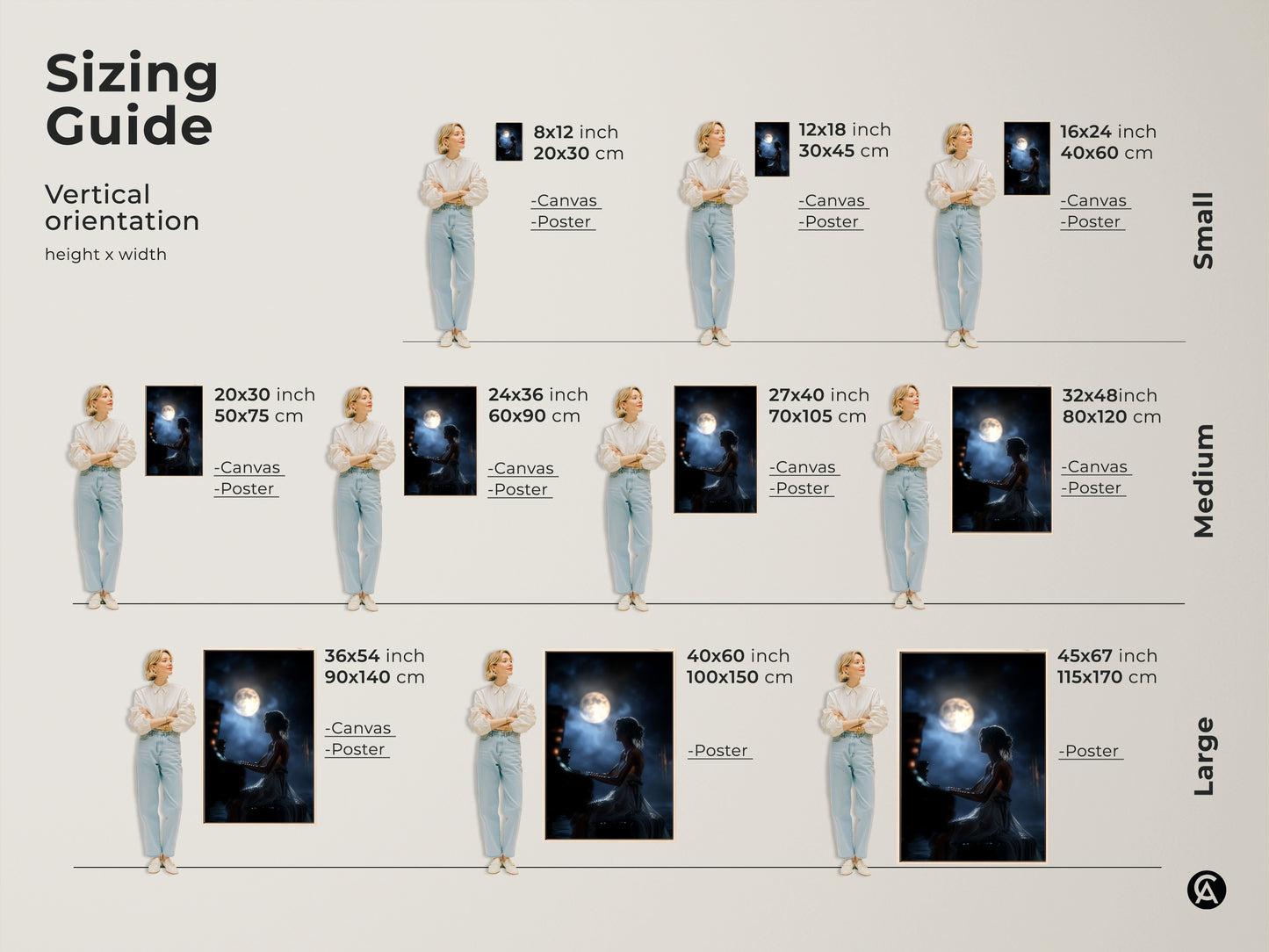 Visualize the sizing guide for the Moonlit Piano Woman art. See how the vertical orientation fits in various dimensions. The art features a woman playing piano under a moonlit night. Available as canvas or poster this romantic music art enhances any space. Great for bedroom decor.