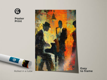 Museum-quality poster print of a jazz band performing. The poster is easy to frame and ships rolled in a tube. A great way to bring the energy of live music to your home. This is a striking piece of art for music enthusiasts.