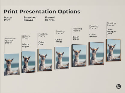 Various print presentation options for goat in sunglasses art. Choose from poster print stretched canvas or framed canvas. Coastal animal artwork with museum-quality paper.